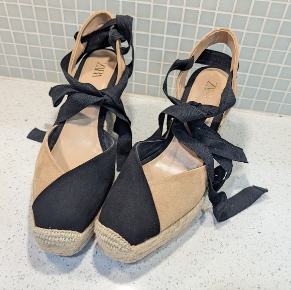 Zara Espadrille Wedge Sandals Black Tan Ankle Tie Wrap Platform Heels - Picture 9 of 14